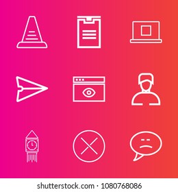 Premium set with outline vector icons. Such as profile, white, concept, chat, transportation, phone, close, window, stair, email, ladder, communication, male, send, speech, user, delivery, staircase