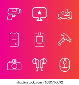 Premium set with outline vector icons. Such as money, pistol, badge, shovel, photography, mouse, freight, bill, paper, lorry, delivery, click, device, cargo, audio, shipping, platform, sound, gun, pay