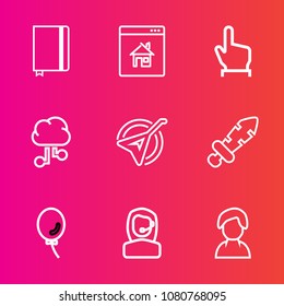 Premium set with outline vector icons. Such as person, weapon, online, blade, cloud, air, textbook, profile, headset, holiday, background, page, touch, technology, finger, sword, communication, music