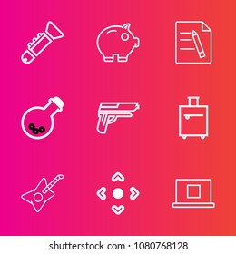 Premium set with outline vector icons. Such as money, luggage, internet, music, finance, equipment, financial, medicine, jazz, firearm, cash, pistol, weapon, contract, document, sound, profile, file