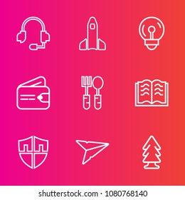 Premium set with outline vector icons. Such as technology, money, purse, forest, electric, call, security, send, protection, dinner, kitchen, spoon, restaurant, science, space, support, cash, shuttle