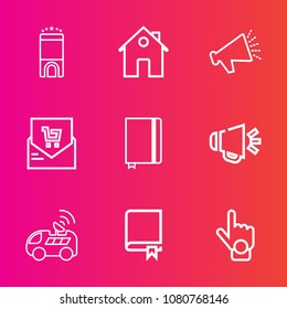 Premium set with outline vector icons. Such as finger, architecture, luxury, modern, property, home, receipt, voice, book, hand, new, accommodation, business, notebook, car, door, sound, technology