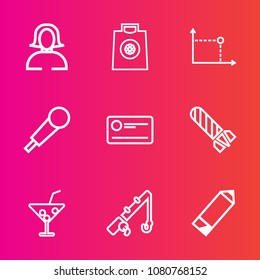 Premium set with outline vector icons. Such as gift, finance, cheque, portrait, girl, power, juice, woman, glass, retail, danger, mic, female, geometry, fish, pretty, music, money, sport, fire, reel