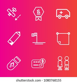 Premium set with outline vector icons. Such as aviation, place, air, paper, airplane, transport, bank, stick, music, fly, ambulance, mexico, pen, note, pencil, balance, winner, rescue, beach, card