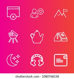 Premium set with outline vector icons. Such as moon, bbq, music, sky, website, star, profile, money, element, subscribe, hot, cooking, wallet, internet, white, window, dollar, nature, page, technology