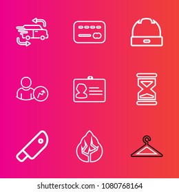 Premium set with outline vector icons. Such as cash, identity, fast, document, forest, car, landscape, name, clothing, clothes, cut, knife, head, nature, business, bank, truck, hour, identification