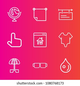 Premium set with outline vector icons. Such as rain, glasses, house, office, girl, abstract, sun, paper, billboard, sphere, cute, estate, map, drop, note, post, click, real, pointer, board, property
