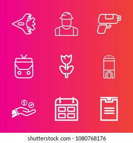 Premium set with outline vector icons. Such as hand, travel, worker, schedule, sky, object, luxury, flight, person, calendar, gun, shipping, time, pistol, professional, blossom, air, hotel, bag, box