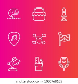 Premium set with outline vector icons. Such as work, song, america, sea, guitar, technology, white, seafood, grass, lamp, national, flag, spaceship, stationery, interior, nature, man, lunch, business