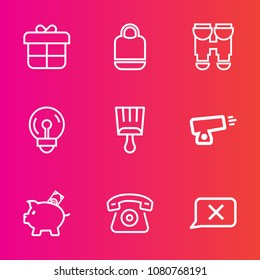 Premium set with outline vector icons. Such as coin, paintbrush, electricity, ribbon, finance, decoration, closed, accessory, gift, holiday, bank, vision, chat, box, white, travel, money, technology