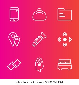 Premium set with outline vector icons. Such as concept, arrow, accessory, phone, trumpet, link, road, file, modern, bag, hyperlink, bedroom, double, web, cellphone, map, style, pin, screen, technology