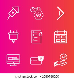 Premium set with outline vector icons. Such as holiday, investment, festival, timetable, beauty, document, right, arrow, celebration, celebrate, money, firework, power, dollar, fire, business, light