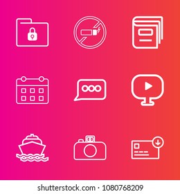 Premium set with outline vector icons. Such as boat, schedule, document, speech, literature, calendar, stop, folder, sea, money, lock, business, event, addiction, no, media, finance, chat, yacht, file