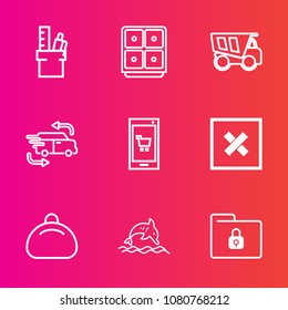 Premium set with outline vector icons. Such as animal, currency, folder, sign, file, security, computer, office, fashion, wildlife, object, technology, closed, bag, online, dump, dumper, safety, bank