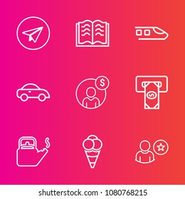 Premium set with outline vector icons. Such as car, hot, internet, water, email, online, money, food, communication, page, accounting, steam, kettle, object, message, cash, open, profile, railway, atm