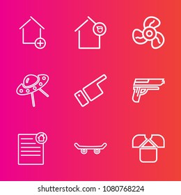 Premium set with outline vector icons. Such as ufo, handgun, direction, air, building, people, home, wind, shirt, extreme, pointing, mortgage, fan, tshirt, new, owner, showing, document, construction
