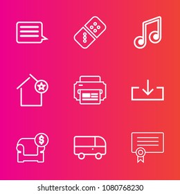 Premium set with outline vector icons. Such as sound, sign, melody, musical, home, bus, effect, internet, treble, strategy, web, interior, play, transport, printer, apartment, building, row, diploma