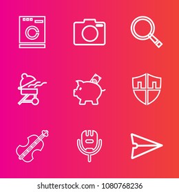 Premium set with outline vector icons. Such as meat, household, communication, bbq, web, grill, search, music, clean, email, clothes, internet, song, photo, equipment, finance, sound, sign, technology