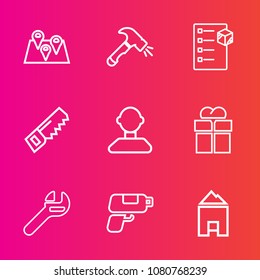 Premium set with outline vector icons. Such as navigation, package, giftbox, delivery, gps, present, hammer, construction, wrench, gun, tool, location, internet, pin, male, spanner, transport, city