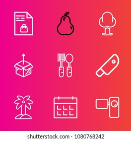 Premium set with outline vector icons. Such as kitchen, note, landscape, calendar, environment, dinner, shopping, knife, juicy, movie, tripod, spoon, white, schedule, unpacking, paper, day, cut, leaf