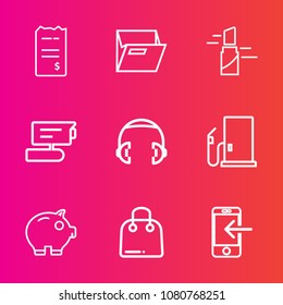 Premium set with outline vector icons. Such as sound, red, headphone, fashion, gas, female, blank, camera, record, credit, video, audio, open, transfer, view, folder, business, fuel, phone, empty, tv