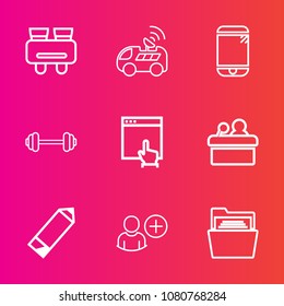 Premium set with outline vector icons. Such as click, technology, glasses, drive, sign, folder, speaker, touchscreen, cell, presentation, equipment, sport, gym, workout, office, internet, public, file