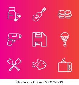 Premium set with outline vector icons. Such as sea, television, parachute, screen, technology, seafood, pill, jump, boxing, medicine, computer, extreme, prescription, diskette, sport, paddle, health