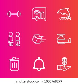 Premium set with outline vector icons. Such as alert, white, truck, physical, helicopter, tree, exercise, can, bell, van, garbage, people, strength, animal, nature, growth, vehicle, fitness, package