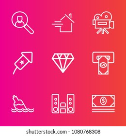 Premium set with outline vector icons. Such as player, web, liquid, video, atm, movie, business, jewelry, website, online, celebration, machine, audio, bottle, gem, internet, cash, water, real, screen