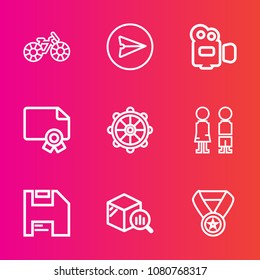Premium set with outline vector icons. Such as rudder, ride, diskette, wheel, camera, reward, nautical, statistic, frame, business, phone, travel, equipment, certificate, transportation, film, video
