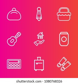 Premium set with outline vector icons. Such as property, professional, travel, can, house, bag, park, person, tin, glasses, business, summer, fashion, calculator, style, guitar, trip, male, white, tie
