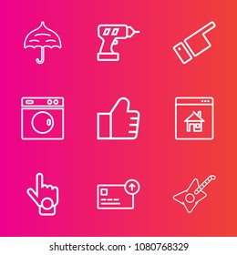 Premium set with outline vector icons. Such as money, real, drill, construction, sign, season, washer, weather, index, clean, web, rain, protection, currency, work, gesture, laundry, concept, musical