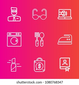 Premium set with outline vector icons. Such as user, housework, spoon, sunglasses, kitchen, book, beauty, tag, machine, modern, contact, washer, clean, sale, glasses, ironing, clothes, business, white
