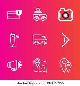 Premium set with outline vector icons. Such as loudspeaker, money, bank, loud, wealth, highway, bag, voice, direction, ocean, button, right, equipment, car, map, suitcase, technology, photography, sea