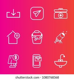 Premium set with outline vector icons. Such as download, web, kit, first, electricity, lamp, medicine, house, website, send, tap, cross, interior, button, arrow, bathroom, telescope, phone, clean, box