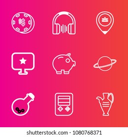 Premium set with outline vector icons. Such as map, computer, sound, laboratory, person, gambling, leisure, arrow, button, work, game, device, astronomy, space, bank, casino, chip, job, vase, audio