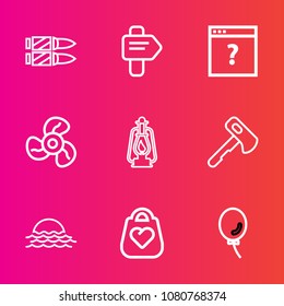 Premium set with outline vector icons. Such as gun, fan, shot, bullet, page, style, steel, morning, holiday, vintage, horizontal, road, lantern, leather, sun, cool, sunrise, weapon, air, screwdriver