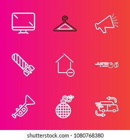 Premium set with outline vector icons. Such as fast, power, rack, technology, jazz, hit, equipment, transportation, trumpet, home, wardrobe, display, monitor, danger, removal, apartment, car, sound