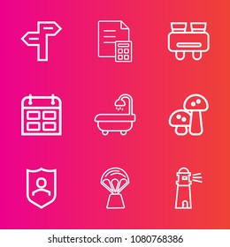 Premium set with outline vector icons. Such as way, air, sign, glasses, finance, interior, spy, protection, light, schedule, arrow, choice, day, investment, search, ocean, shield, mushroom, calendar