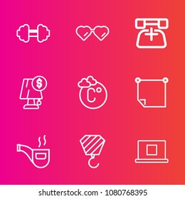 Premium set with outline vector icons. Such as electricity, classic, sign, office, sport, lamp, temperature, sunglasses, tobacco, physical, fahrenheit, barbell, building, scale, pipe, call, web, paper