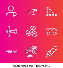 Premium set with outline vector icons. Such as direction, office, website, strike, drink, bus, airplane, clean, cool, weapon, war, sword, technology, sport, water, move, left, blade, night, hit, air