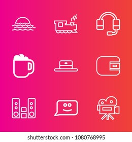 Premium set with outline vector icons. Such as landscape, hat, play, cup, tripod, morning, sunrise, sun, fashion, purse, cash, microphone, money, light, call, background, travel, mug, cafe, camera