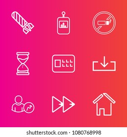 Premium set with outline vector icons. Such as addiction, business, web, control, tobacco, television, estate, clock, hour, remote, hourglass, tv, music, keypad, architecture, safety, house, video, no