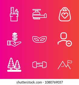 Premium set with outline vector icons. Such as aircraft, fitness, forest, fly, growth, masquerade, flight, equipment, transportation, gym, paper, nature, air, user, life, business, white, transport