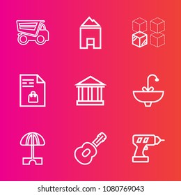 Premium set with outline vector icons. Such as cargo, europe, transport, sky, machine, summer, umbrella, greece, cardboard, dump, shopping, greek, house, sink, architecture, vehicle, sun, lorry, home