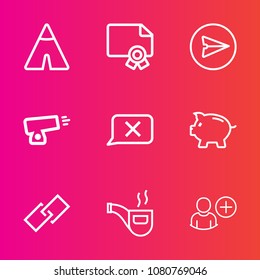 Premium set with outline vector icons. Such as user, landscape, web, coin, success, summer, send, template, diploma, phone, classic, closed, investment, retro, tourism, internet, leisure, outdoor, war