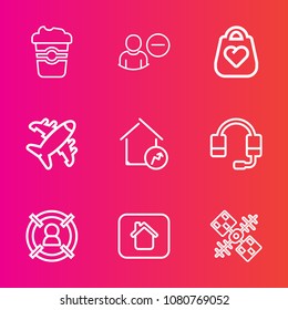 Premium set with outline vector icons. Such as flight, technology, drink, cappuccino, communication, plane, web, target, fashion, user, property, space, caffeine, style, house, coffee, estate, concept