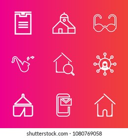 Premium set with outline vector icons. Such as delivery, tent, camp, equipment, email, transportation, sign, screen, sunglasses, fashion, home, industrial, glasses, package, house, box, nature, sun