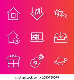 Premium set with outline vector icons. Such as technology, web, musical, building, estate, call, shiny, decoration, real, audio, white, meteor, home, internet, modern, online, music, backdrop, box