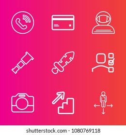 Premium set with outline vector icons. Such as night, travel, phone, button, task, downstairs, up, sign, sword, medieval, circle, plan, call, knight, upstairs, business, space, handle, money, credit